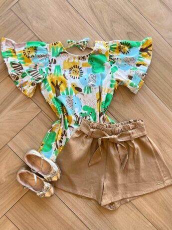 Conjunto Infantil Feminino Blusa Meia Malha Estampada e Short Fernanda Ramos Kids