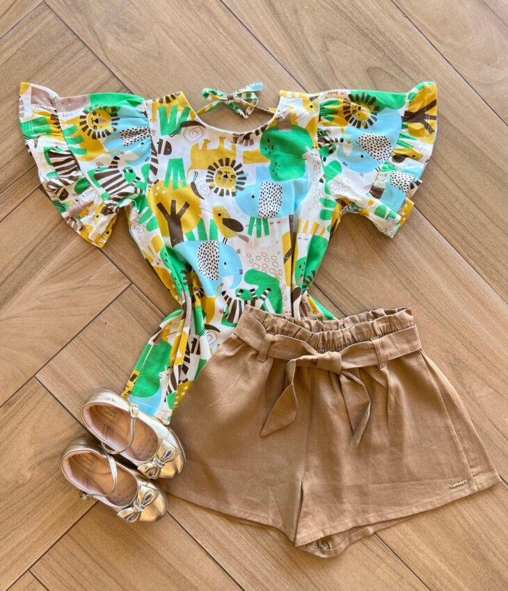 Conjunto Infantil Feminino Blusa Meia Malha Estampada e Short Fernanda Ramos Kids