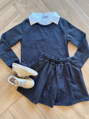 Conjunto Infantil Feminino Blusão Boxy e Short Saia Preto Brilhante Fernanda Ramos Kids