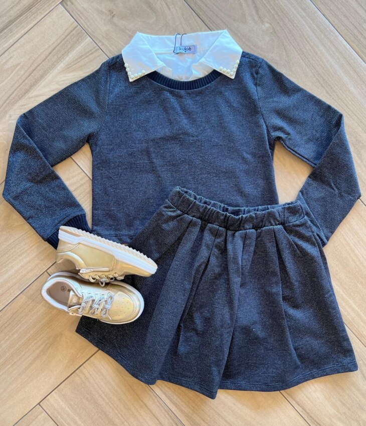 Conjunto Infantil Feminino Blusão Boxy e Short Saia Preto Brilhante Fernanda Ramos Kids