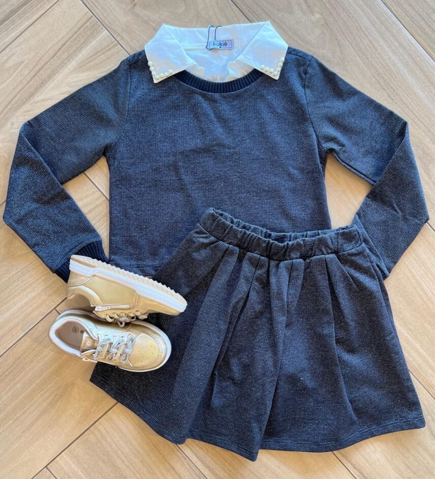 Conjunto Infantil Feminino Blusão Boxy e Short Saia Preto Brilhante Fernanda Ramos Kids