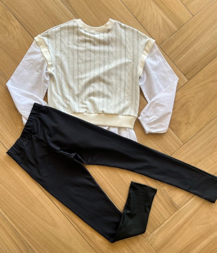 Conjunto Infantil Feminino Blusão Manga Longa Urso e Legging Preta Fernanda Ramos Kids