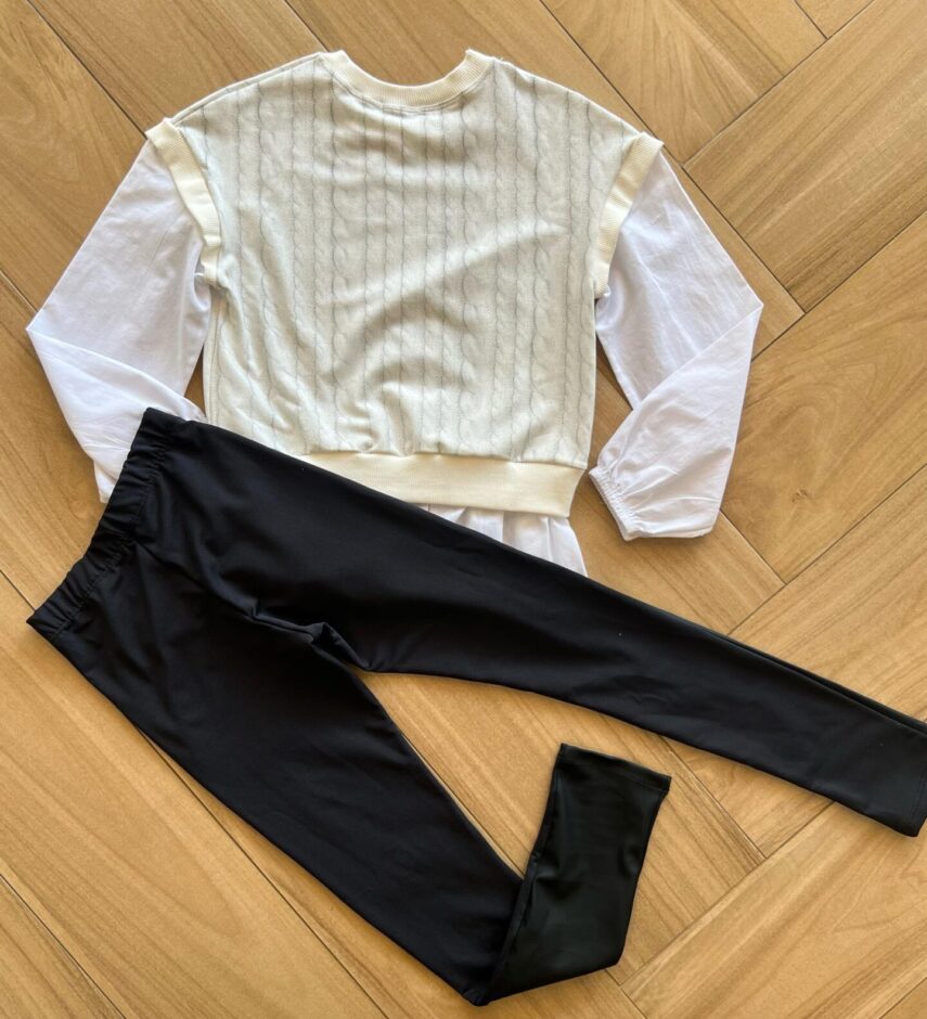 Conjunto Infantil Feminino Blusão Manga Longa Urso e Legging Preta Fernanda Ramos Kids