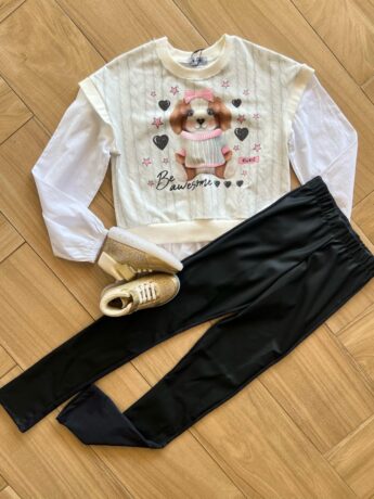 Conjunto Infantil Feminino Blusão Manga Longa Urso e Legging Preta Fernanda Ramos Kids