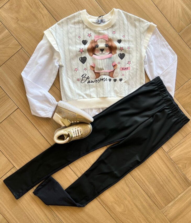 Conjunto Infantil Feminino Blusão Manga Longa Urso e Legging Preta Fernanda Ramos Kids