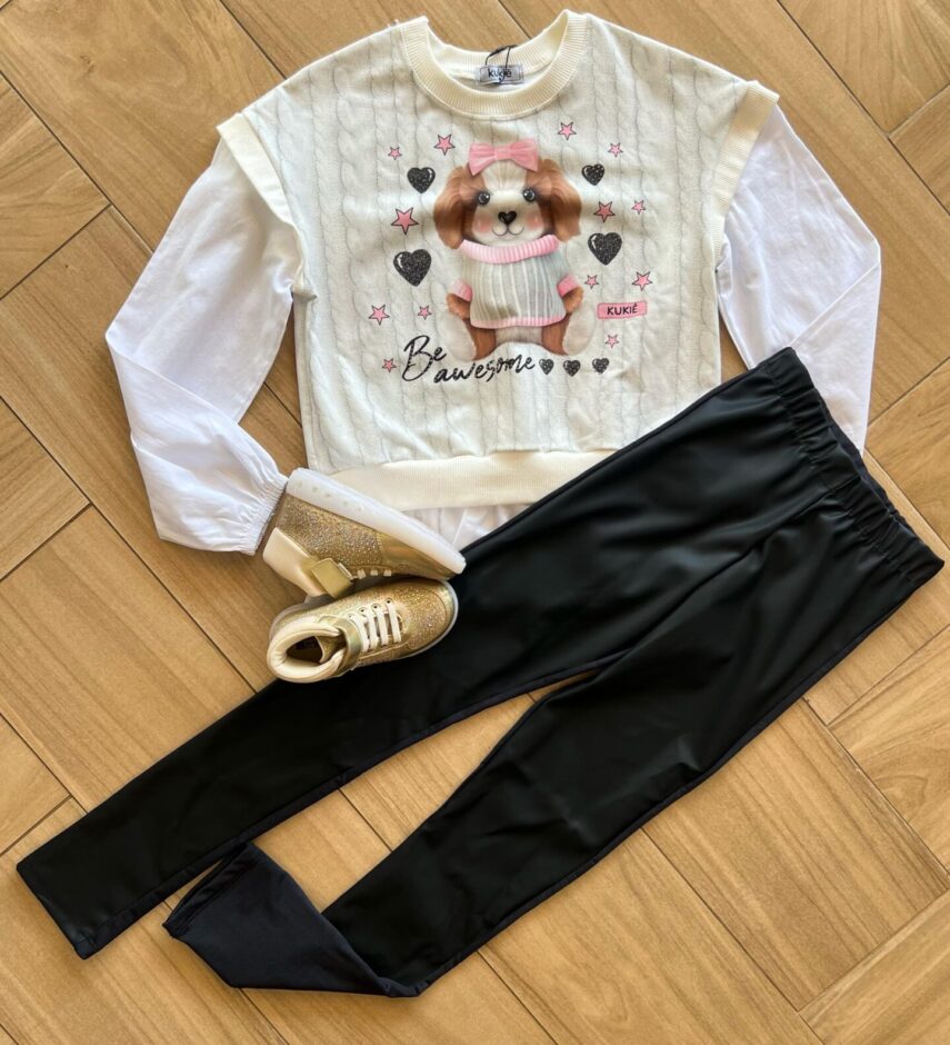 Conjunto Infantil Feminino Blusão Manga Longa Urso e Legging Preta Fernanda Ramos Kids