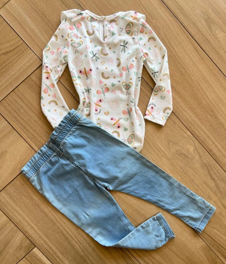 Conjunto Infantil Feminino Body Manga Longa Canelado e Calça Jeans Fernanda Ramos Kids