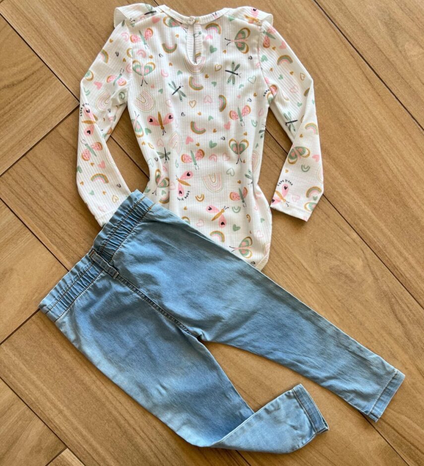 Conjunto Infantil Feminino Body Manga Longa Canelado e Calça Jeans Fernanda Ramos Kids