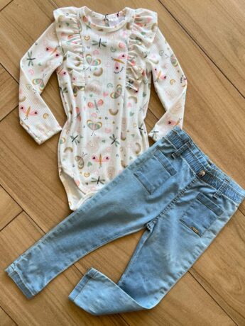 Conjunto Infantil Feminino Body Manga Longa Canelado e Calça Jeans Fernanda Ramos Kids