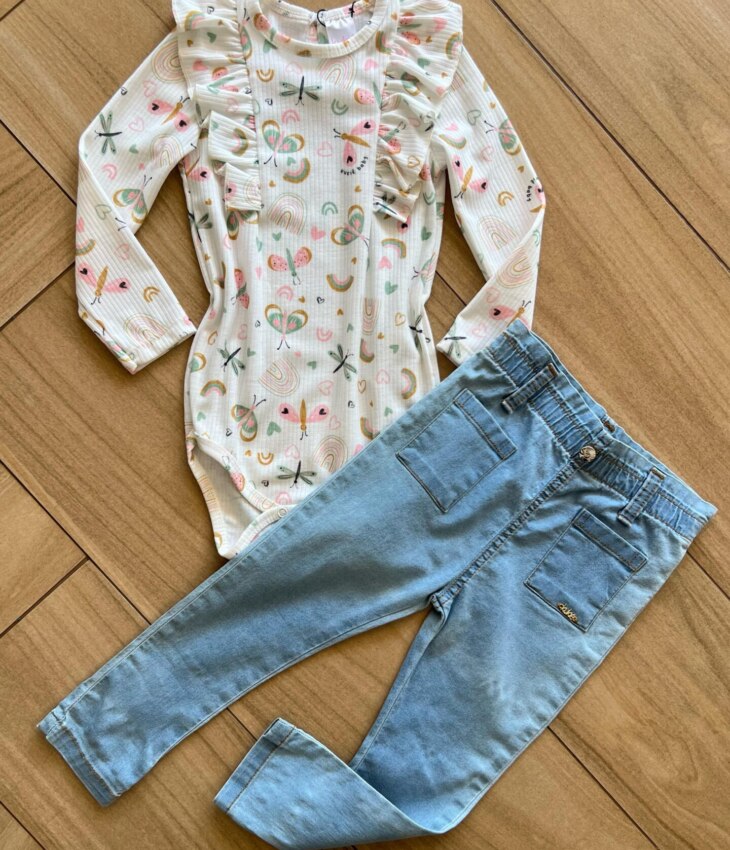 Conjunto Infantil Feminino Body Manga Longa Canelado e Calça Jeans Fernanda Ramos Kids