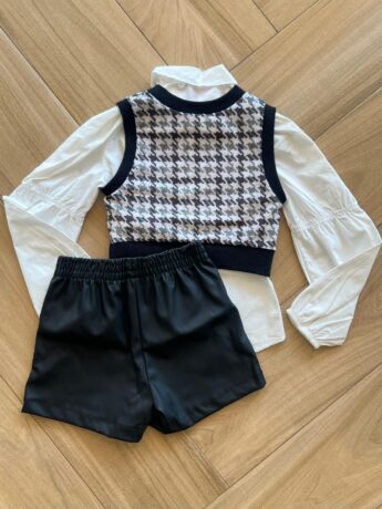 Conjunto Infantil Feminino Camisa Colete Xadrez e Short Preto Fernanda Ramos Kids