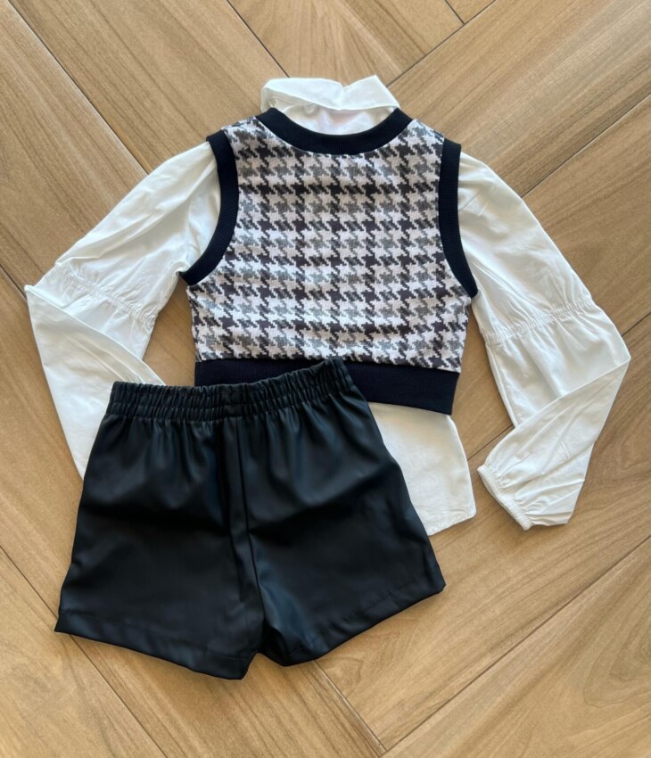 Conjunto Infantil Feminino Camisa Colete Xadrez e Short Preto Fernanda Ramos Kids