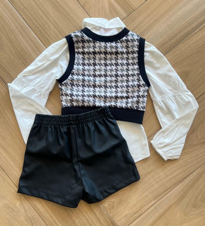 Conjunto Infantil Feminino Camisa Colete Xadrez e Short Preto Fernanda Ramos Kids