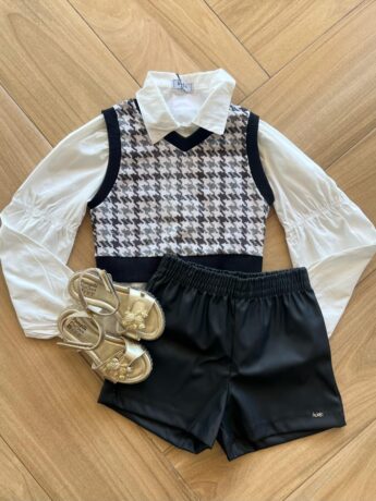 Conjunto Infantil Feminino Camisa Colete Xadrez e Short Preto Fernanda Ramos Kids