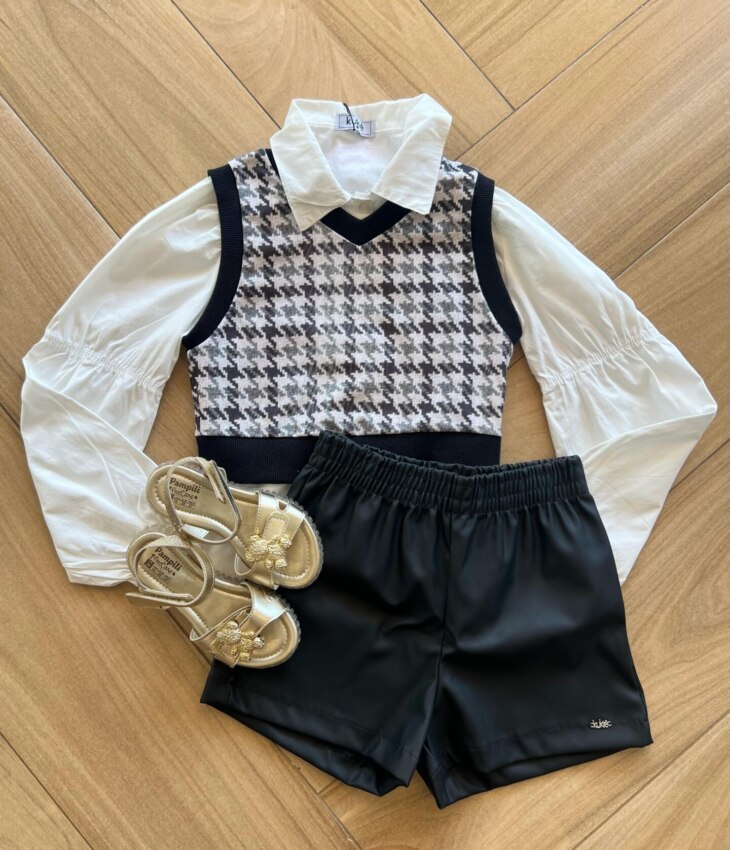 Conjunto Infantil Feminino Camisa Colete Xadrez e Short Preto Fernanda Ramos Kids