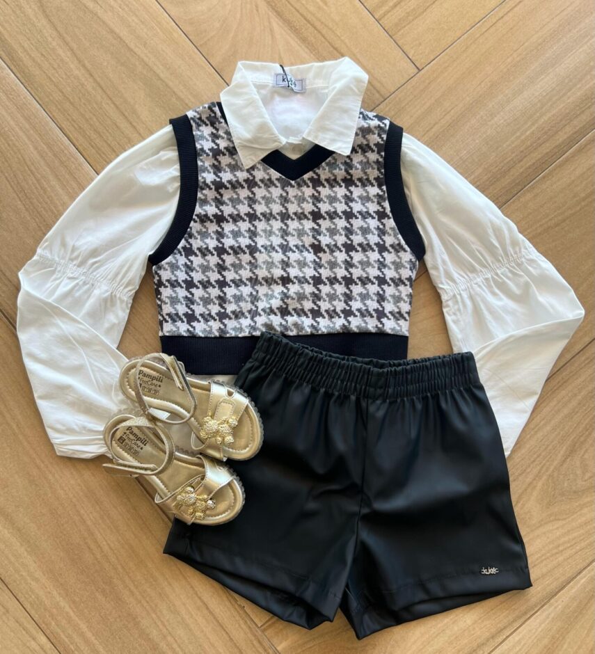Conjunto Infantil Feminino Camisa Colete Xadrez e Short Preto Fernanda Ramos Kids