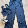 Conjunto Infantil Feminino Cropped Alça e Calça Wide Leg Preto Fernanda Ramos Kids