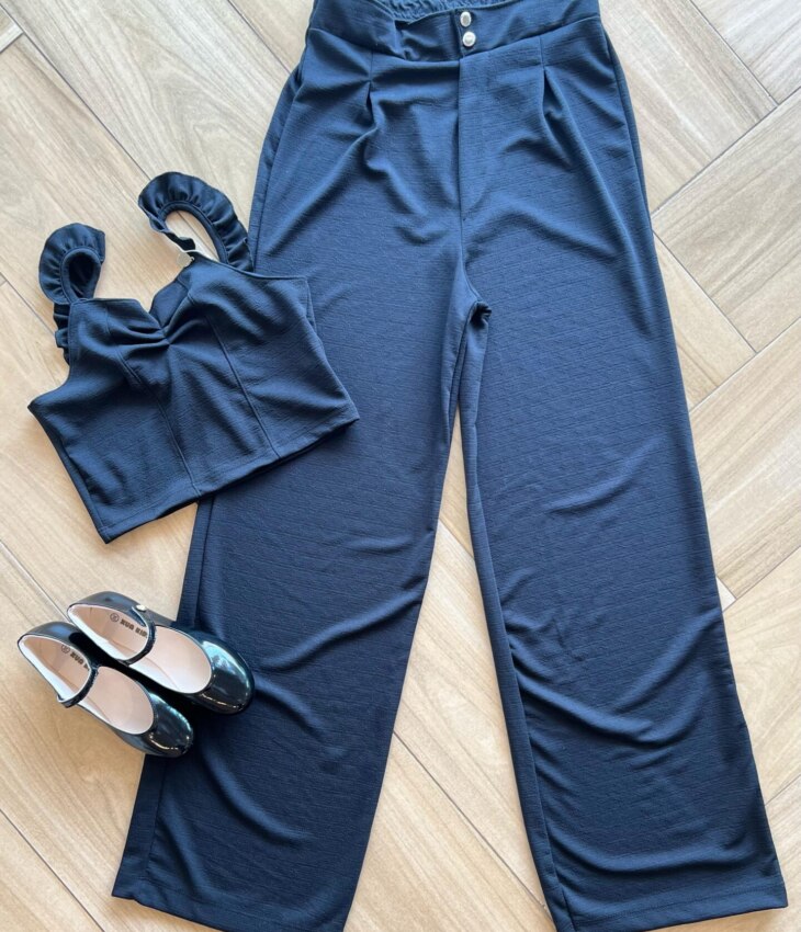 Conjunto Infantil Feminino Cropped Alça e Calça Wide Leg Preto Fernanda Ramos Kids