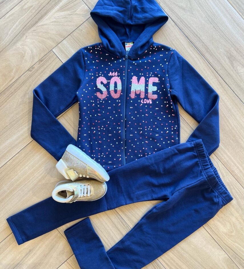 Conjunto Infantil Feminino Jaqueta Some Love e Calça Azul Marinho Fernanda Ramos Kids