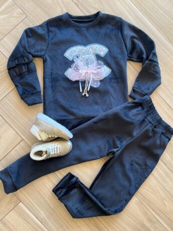 Conjunto Infantil Feminino Moletom Blusa Manga Longa e Calça Preta Fernanda Ramos Kids