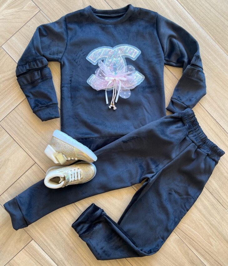 Conjunto Infantil Feminino Moletom Blusa Manga Longa e Calça Preta Fernanda Ramos Kids