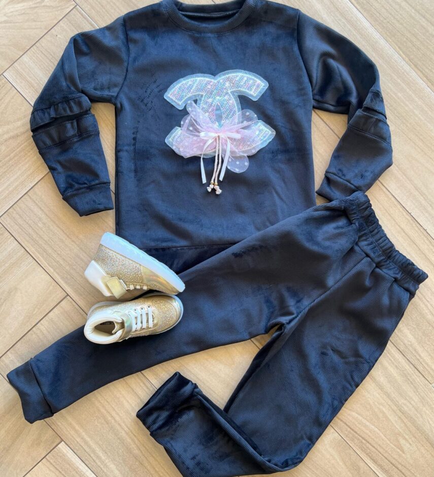 Conjunto Infantil Feminino Moletom Blusa Manga Longa e Calça Preta Fernanda Ramos Kids