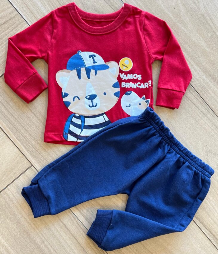 Conjunto Infantil Masculino Blusa Manga Longa e Calça Saruel Azul Fernanda Ramos Kids