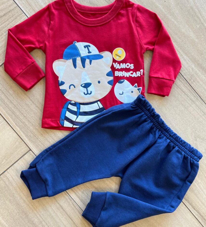 Conjunto Infantil Masculino Blusa Manga Longa e Calça Saruel Azul Fernanda Ramos Kids