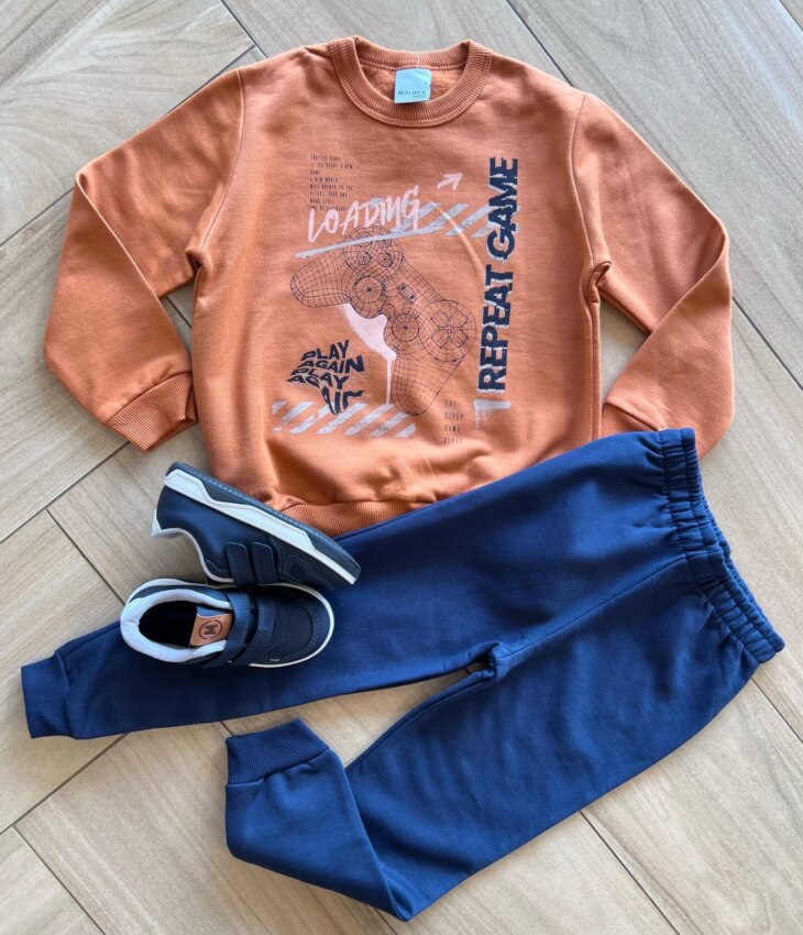 Conjunto Infantil Masculino Blusa Manga Longa Repeat e Calça Azul Fernanda Ramos Kids