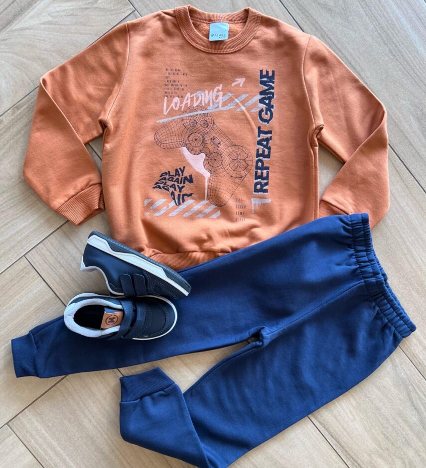 Conjunto Infantil Masculino Blusa Manga Longa Repeat e Calça Azul Fernanda Ramos Kids