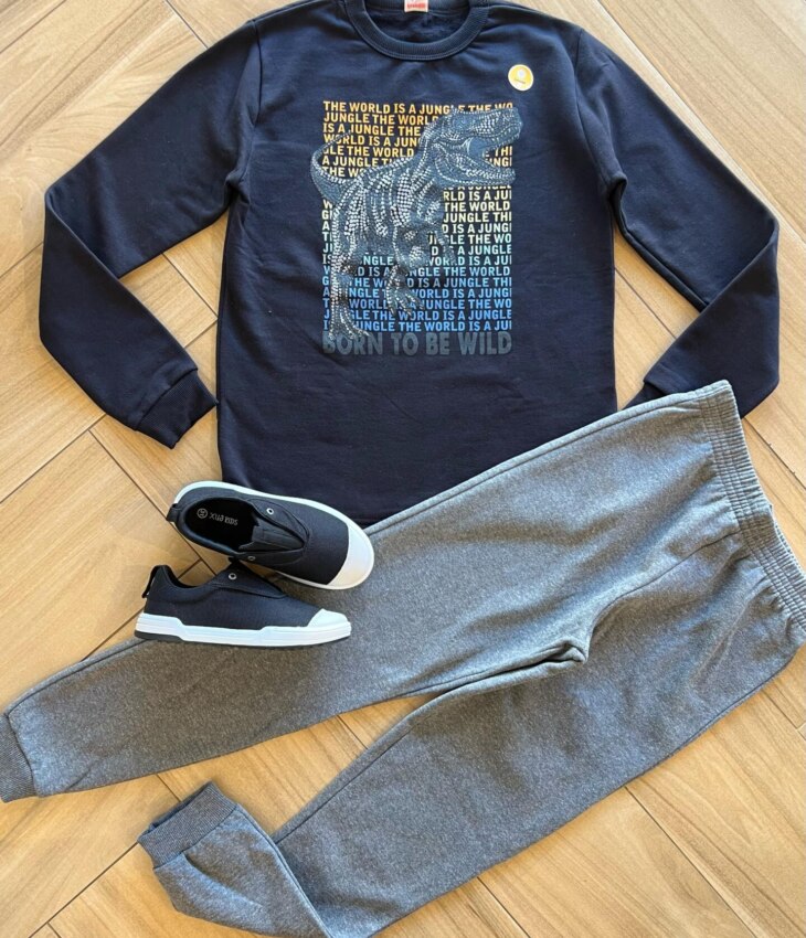 Conjunto Infantil Masculino Blusa Manga Longa World e Calça Cinza Fernanda Ramos Kids