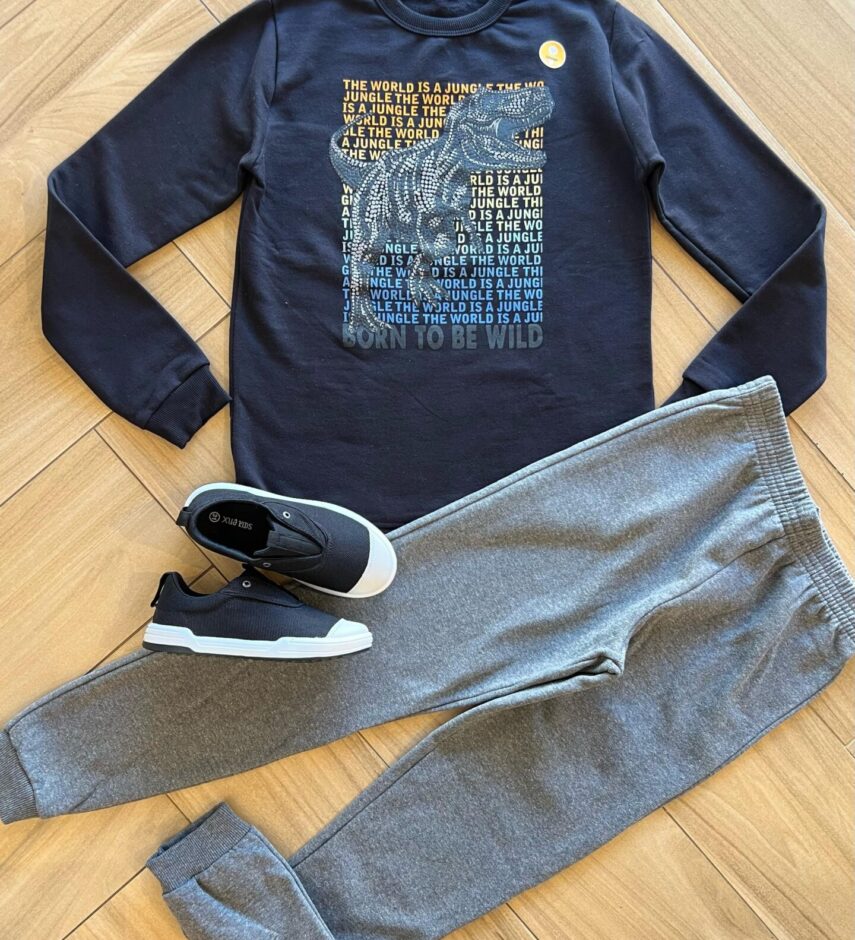 Conjunto Infantil Masculino Blusa Manga Longa World e Calça Cinza Fernanda Ramos Kids