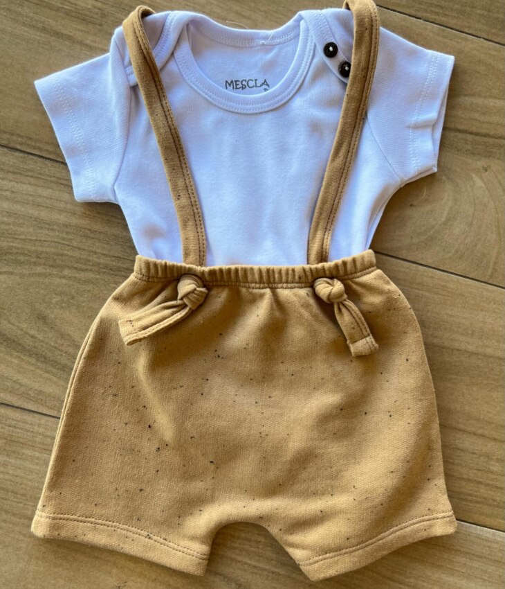 Conjunto Infantil Masculino Body Branco e Jardineira Moletom Mescla Fernanda Ramos Kids