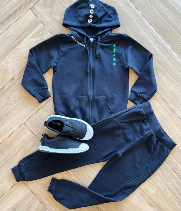 Conjunto Infantil Masculino Jaqueta com Capuz e Calça Preta Fernanda Ramos Kids