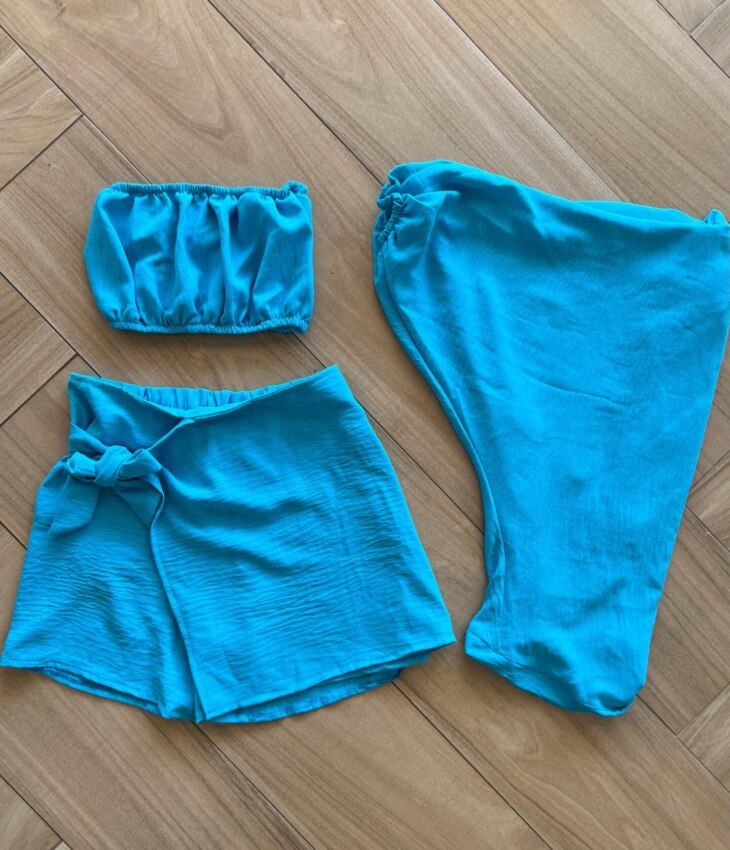 Conjunto Juvenil Feminino Kimono Top e Short Saia Azul Fernanda Ramos Kids