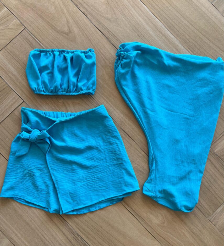 Conjunto Juvenil Feminino Kimono Top e Short Saia Azul Fernanda Ramos Kids