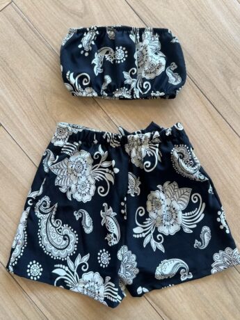 Conjunto Juvenil Feminino Kimono Top e Short Saia Estampado Preto Fernanda Ramos Kids