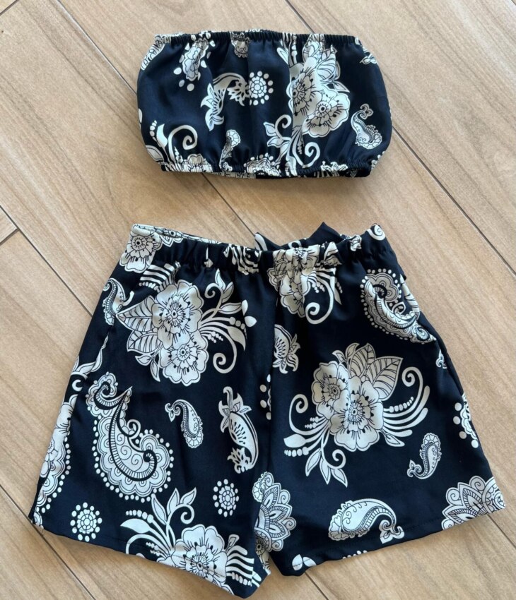 Conjunto Juvenil Feminino Kimono Top e Short Saia Estampado Preto Fernanda Ramos Kids