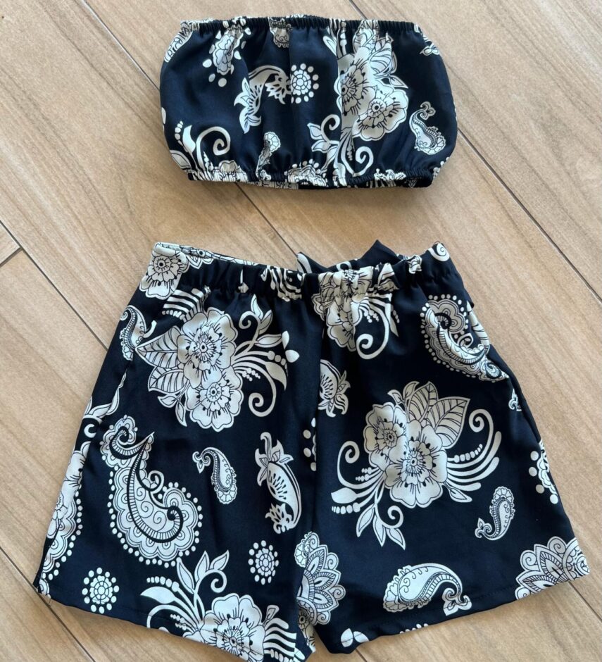 Conjunto Juvenil Feminino Kimono Top e Short Saia Estampado Preto Fernanda Ramos Kids