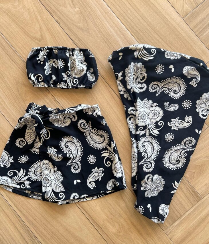 Conjunto Juvenil Feminino Kimono Top e Short Saia Estampado Preto Fernanda Ramos Kids
