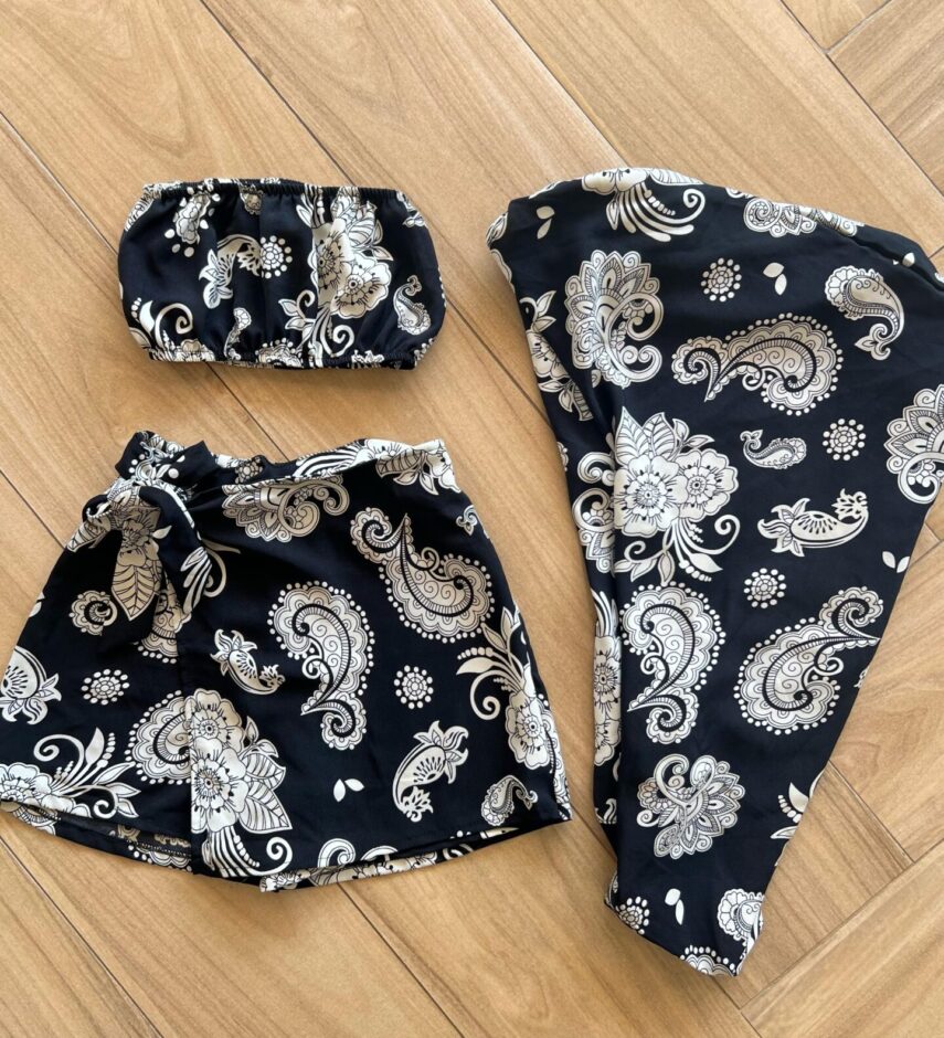 Conjunto Juvenil Feminino Kimono Top e Short Saia Estampado Preto Fernanda Ramos Kids