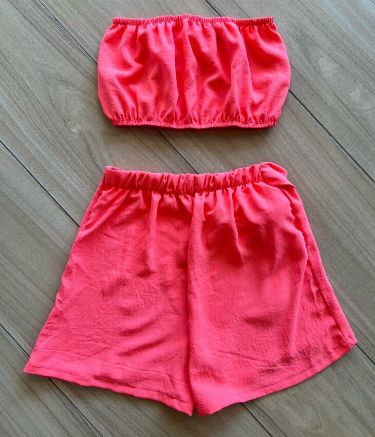 Conjunto Juvenil Feminino Kimono Top e Short Saia Rosa Neon Fernanda Ramos Kids