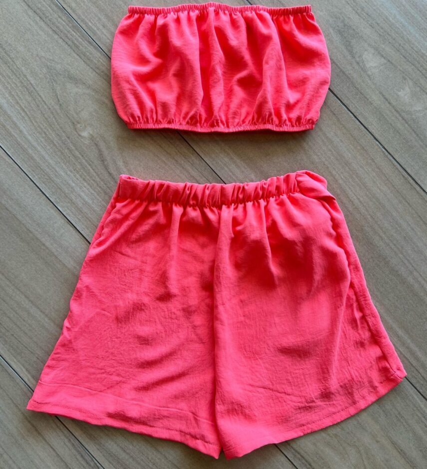 Conjunto Juvenil Feminino Kimono Top e Short Saia Rosa Neon Fernanda Ramos Kids
