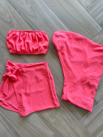 Conjunto Juvenil Feminino Kimono Top e Short Saia Rosa Neon Fernanda Ramos Kids