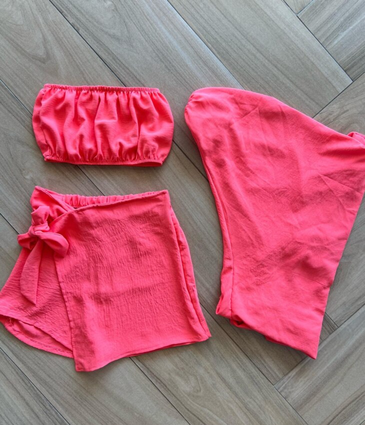 Conjunto Juvenil Feminino Kimono Top e Short Saia Rosa Neon Fernanda Ramos Kids
