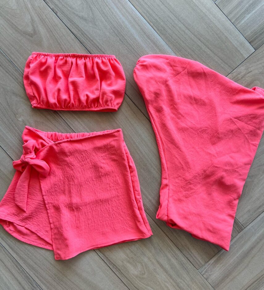 Conjunto Juvenil Feminino Kimono Top e Short Saia Rosa Neon Fernanda Ramos Kids