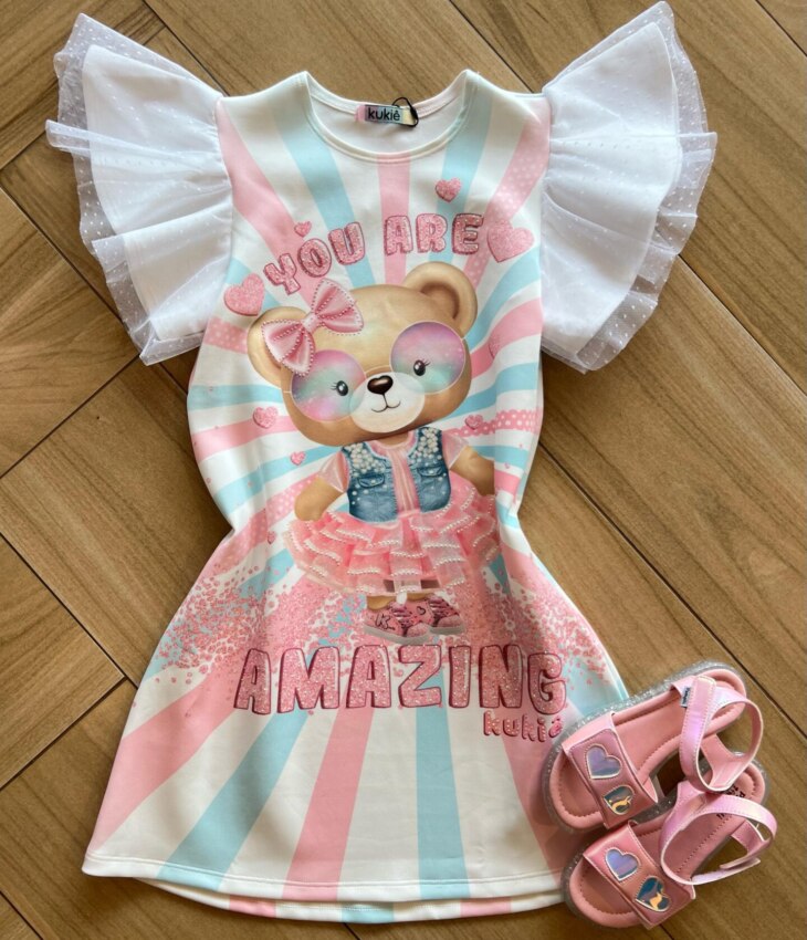 Vestido Infantil Feminino em Fly Tech Estampado Tule Poá Fernanda Ramos Kids
