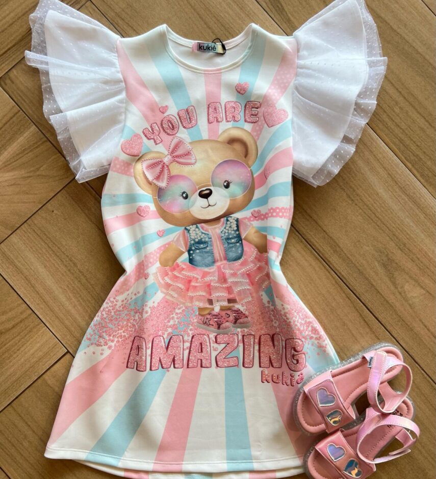 Vestido Infantil Feminino em Fly Tech Estampado Tule Poá Fernanda Ramos Kids