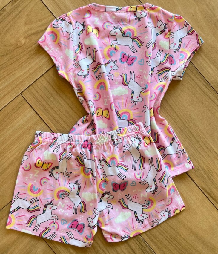 Pijama Infantil Feminino Blusa e Short Unicórnio Rosa Fernanda Ramos Kids