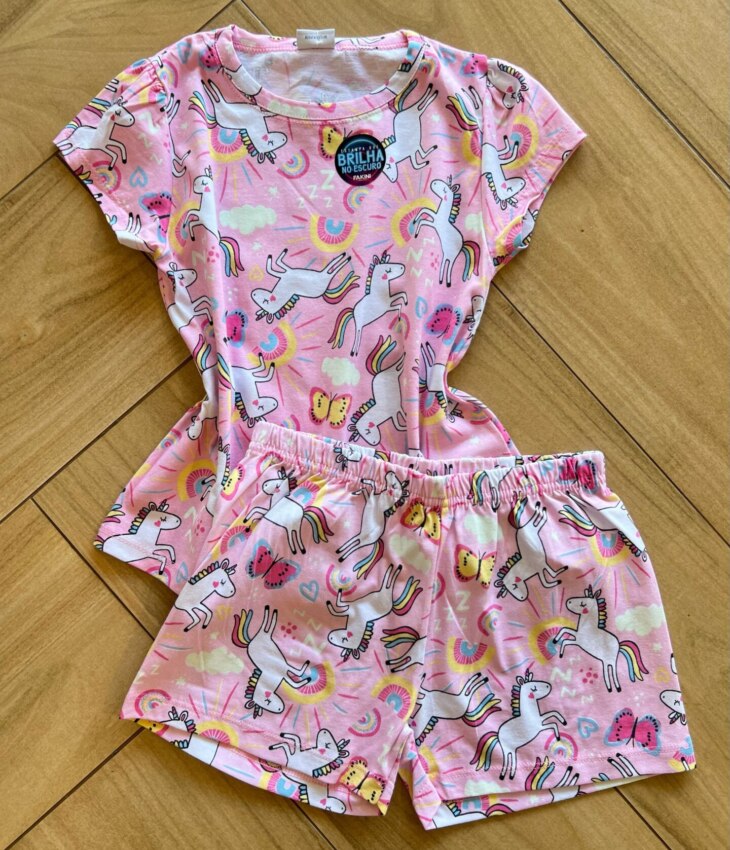 Pijama Infantil Feminino Blusa e Short Unicórnio Rosa Fernanda Ramos Kids